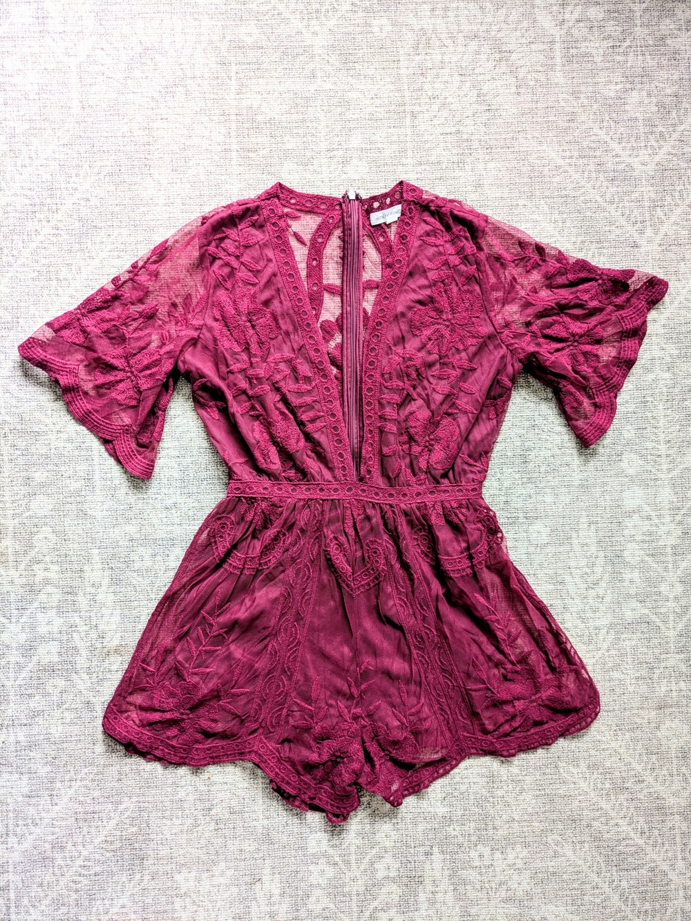 Honey Punch Wine Lace Romper with Intricate Lace - Wine Red, Deep V